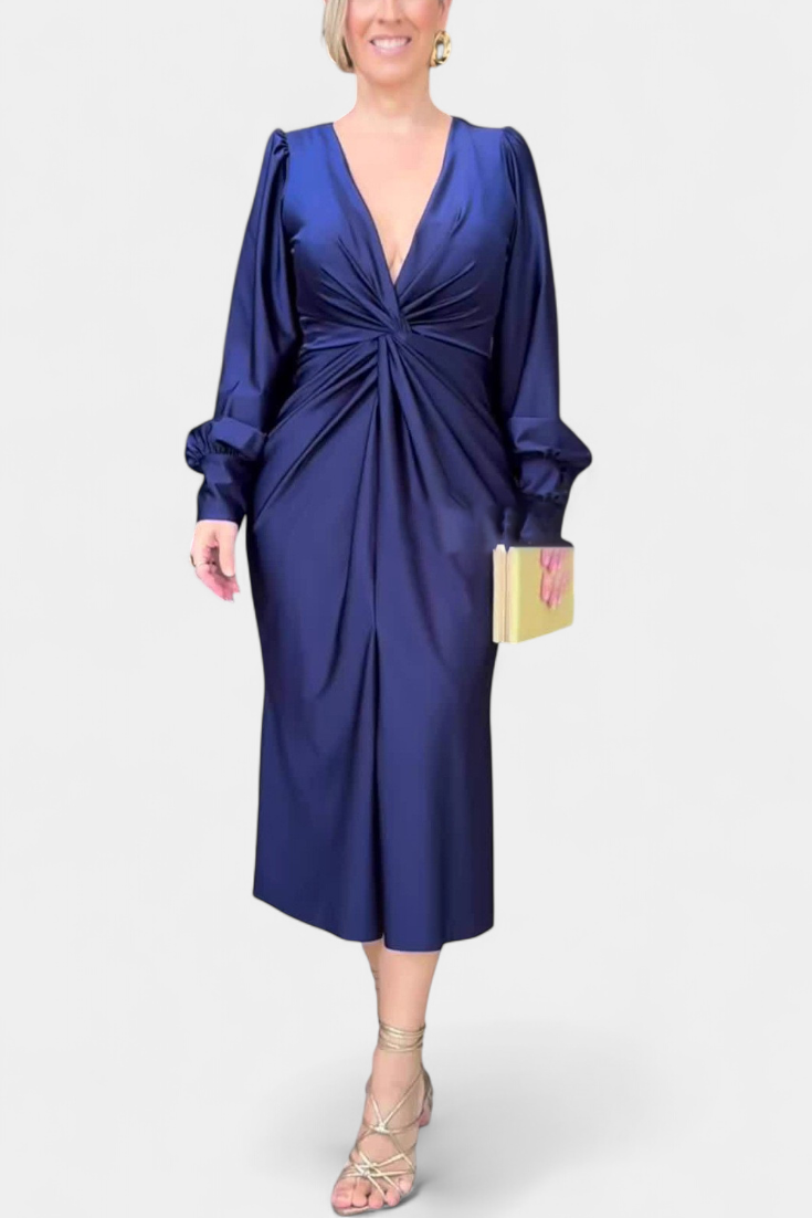 Lena Duga Haljina s Dugim Rukavima i V-Izrezom